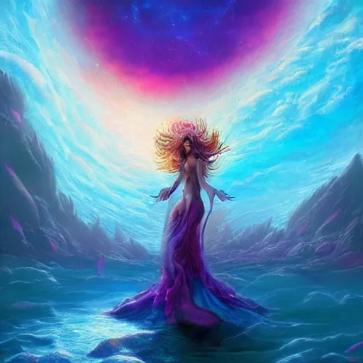 Prompt: i am attracting beautiful souls into my life 🌊✨🌸 🏺🌌, 8 k resolution detailed fantasy art, asymmetrical composition, anato finnstark marc simonetti lisa frank zbrush central gloomy midnight.