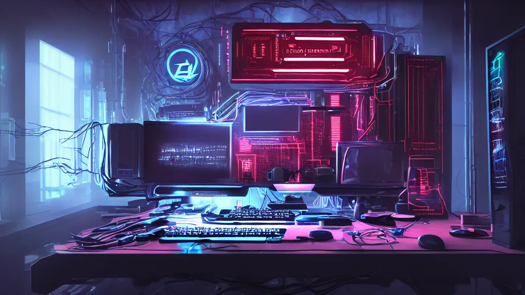 Image similar to a cyberpunk overpowered computer. Overclocking, watercooling, custom computer, cyber, mat black metal, alienware, Cyborg R.A.T 7, futuristic design, desktop computer, desk, home office, whole room, minimalist, Beautiful dramatic dark moody tones and lighting, orange neon, Ultra realistic details, cinematic atmosphere, studio lighting, shadows, dark background, dimmed lights, industrial architecture, Octane render, realistic 3D, photorealistic rendering, 8K, 4K, computer setup, highly detailed