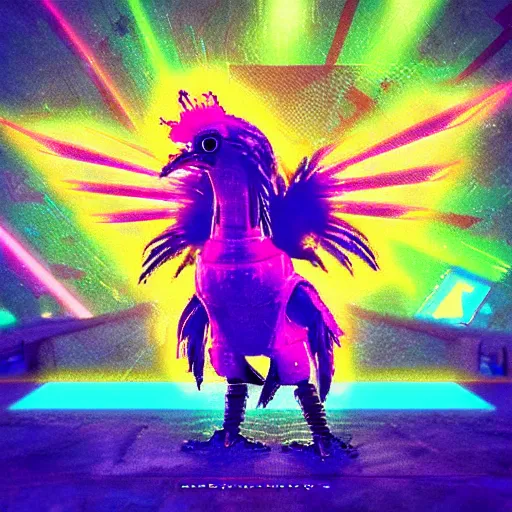 Prompt: “cyberpunk retrowave Chocobo tripping on LSD”