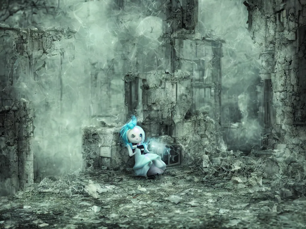 Image similar to cute fumo plush girl ghost lingering in a mysterious concrete organic ruin, technicolor horror, chibi gothic maiden in tattered rags, glowing wisps of hazy green smoke and eerie blue volumetric fog swirling about, lens flare, vray