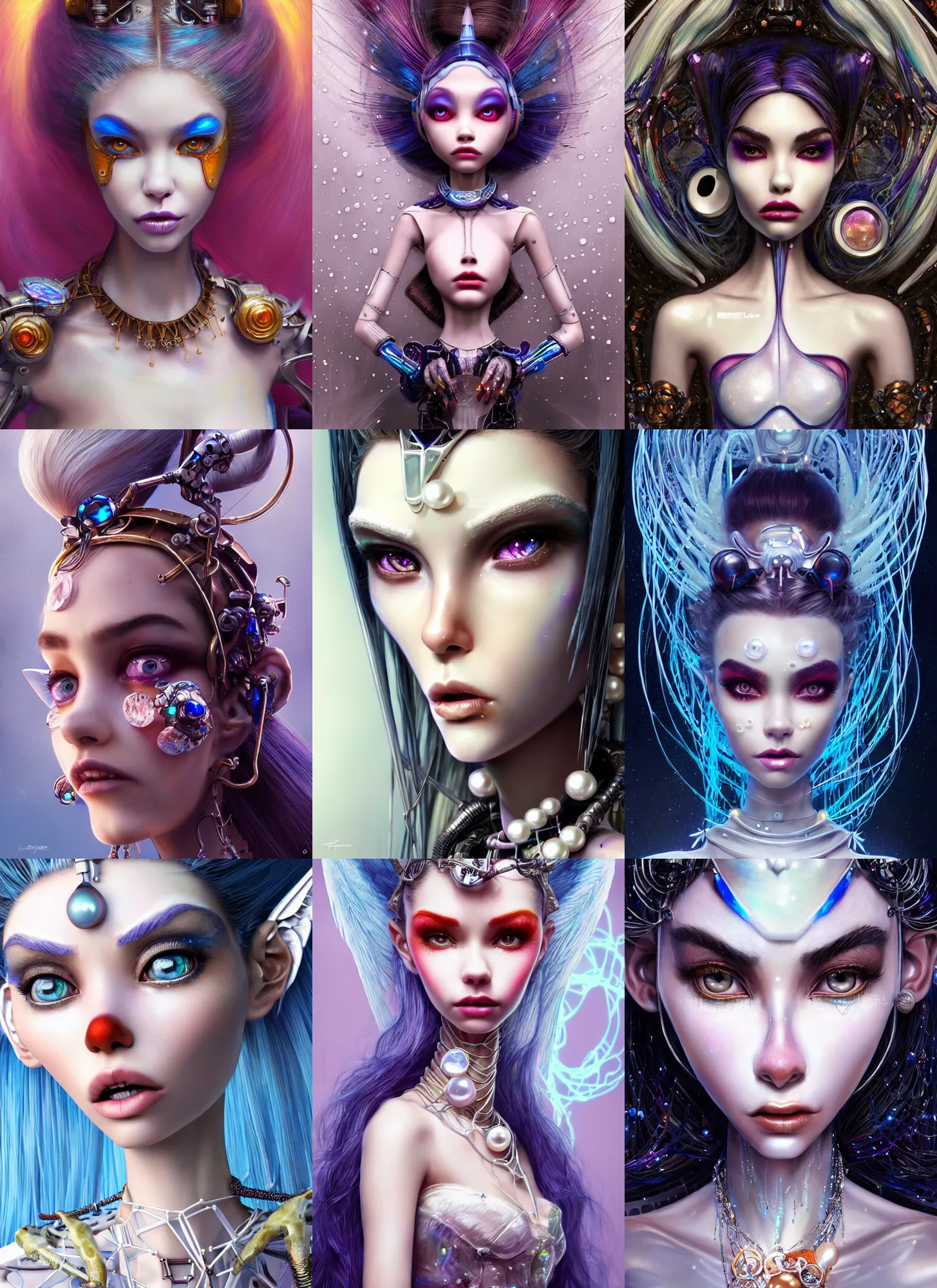 Prompt: pixar weta portrait, beautiful porcelain white honey crystal raver clowncore pearl devil angel madison beer cyborg woman, water jewelry, sci - fi, fantasy, cyberpunk, intricate, elegant, highly detailed, digital painting, ever after high, octane render, artstation, concept art, smooth, sharp focus, illustration, art by artgerm, loish, wlop