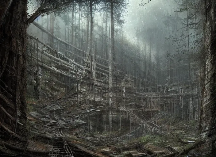 Prompt: abandoned forest mine, sharp focus, illustration, highly detailed, digital painting of an abandoned mine in a forest, concept art, matte, by greg rutkowski, james gurney, and john avon