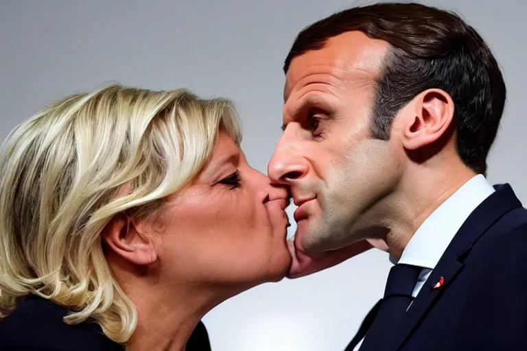 Prompt: Emmanuel Macron kissing Marine Lepen on the mouth , photojournalism photography, white background