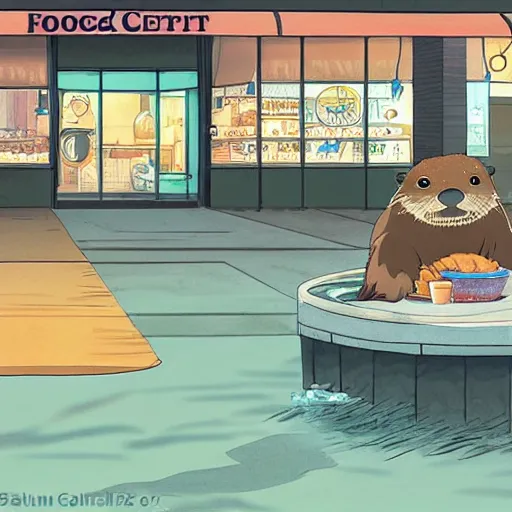 Prompt: an otter eating at a mall food court in the style of Studio Ghibli