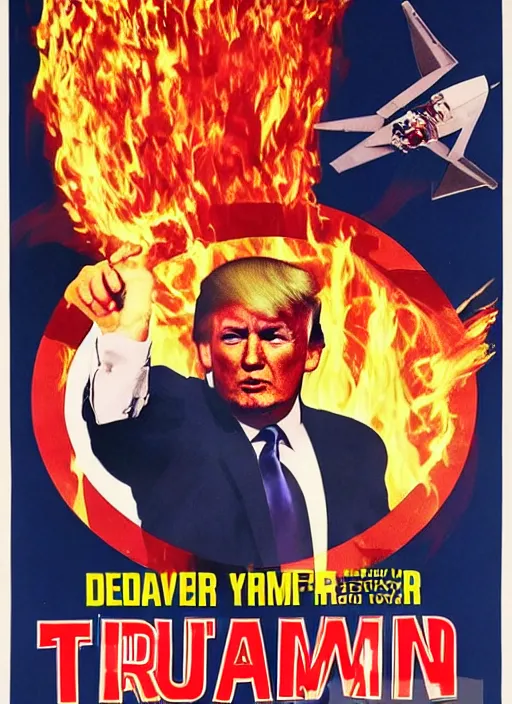 Image similar to an 8 0's john alvin action movie poster of donald trump starring in trumpster fire. explosions.