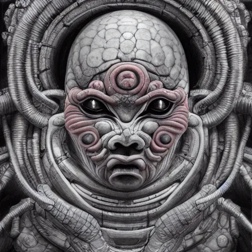 Image similar to naraka buddhist demon korean female, appy female alien, tubular creature, blood vessels, no face, dystopian surrealism, alex ries zdzisław beksinski, giger, symmetrical long head, smooth marble surfaces, smooth marble surfaces, detailed ink illustration, detailed ink illustration, raiden metal gear, cinematic smooth stone, deep aesthetic, concept art, intricate