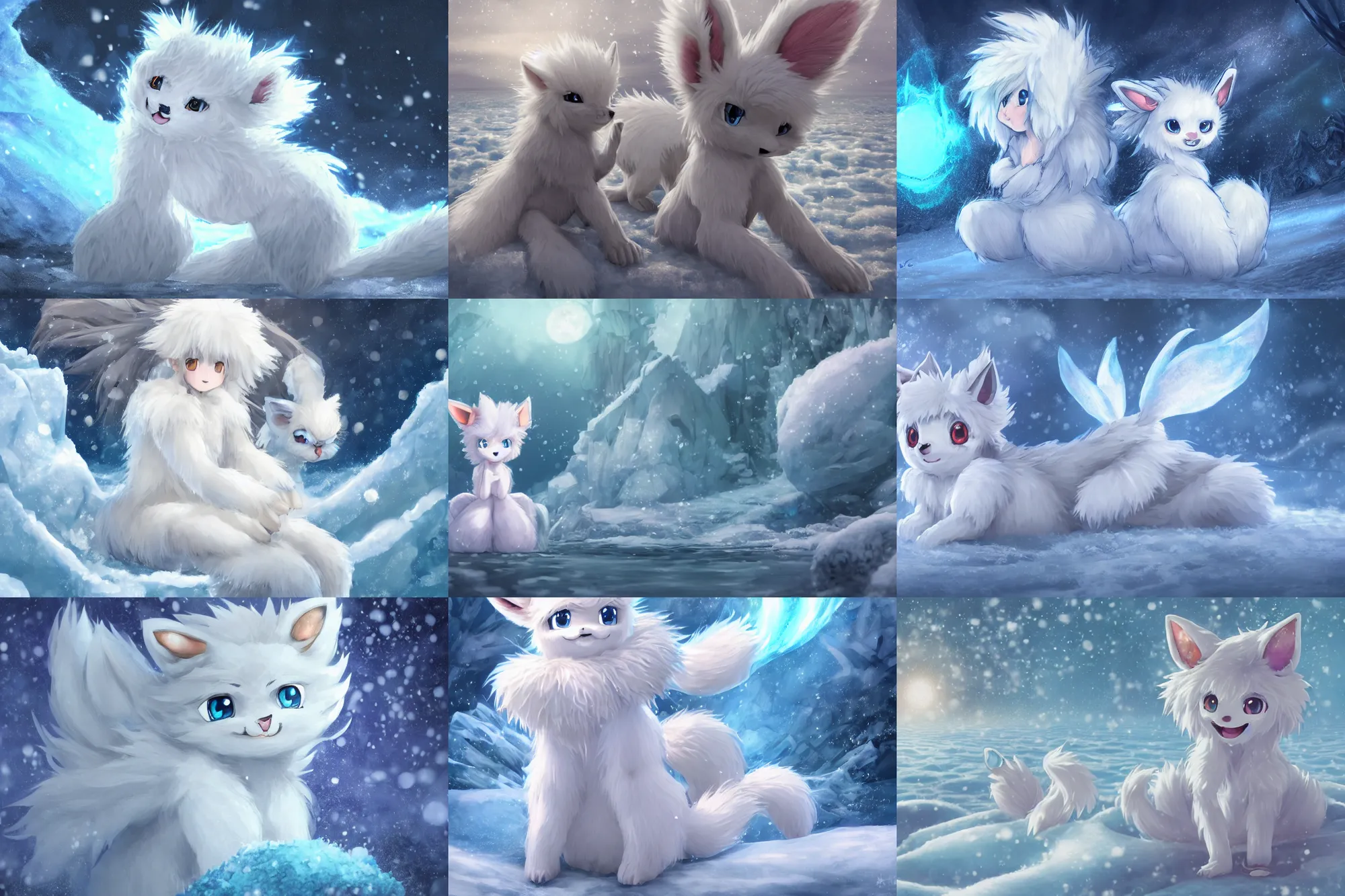 Prompt: white-furred anime anthropomorphic alolan vulpix girl in an ice floe, intricate, highly detailed fan art rendering of a bipedal frosty anthro fuzzy eevee evil smooth, artstation, sitting in snow eevee high resolution anthro eevee humanoid, CGsociety UHD 4K highly detailed, intricate heterochromatic sad, watery eyes with clawed finger in nose eevee anthro standing up two legs and two arms poofy synthetic fur tail bloody wet fur hopps frilled bow braided tail looking down, bleeding eevee anthro tongue sticking out wearing glasses smiling in winter morning yellow sky zions national forest frozen high resolution maid dress humanoid twisted furry long tail converse shoes and davey crockett hat, digital illustration by Ruan Jia on artstation