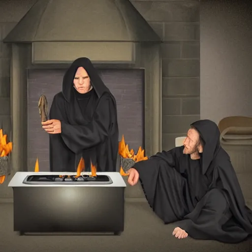 Image similar to cultists in black robes surround a stove, realistic, gothic