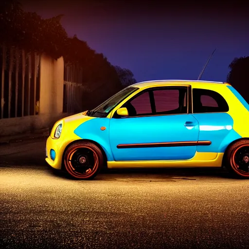 Image similar to a film still of the fast and furious ( 2 0 1 1 ), of a renault twingo 9 3 with neon lights and a huge spoiler, tuning, day time, 9 0 mm, f 4. 0, golden hour lighting, highly detailed, 4 k