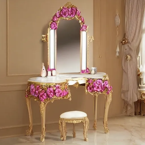 Prompt: beautiful luxurious baroque vanity mirror covered in roses and rose petals