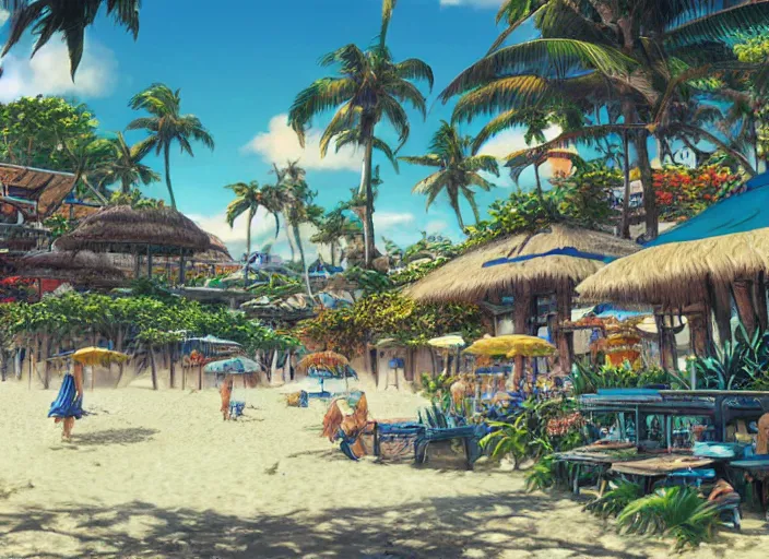 Image similar to Fantasy tropical port town ground view of the beach. hidari, color page, tankoban, 4K, tone mapping, Akihiko Yoshida.