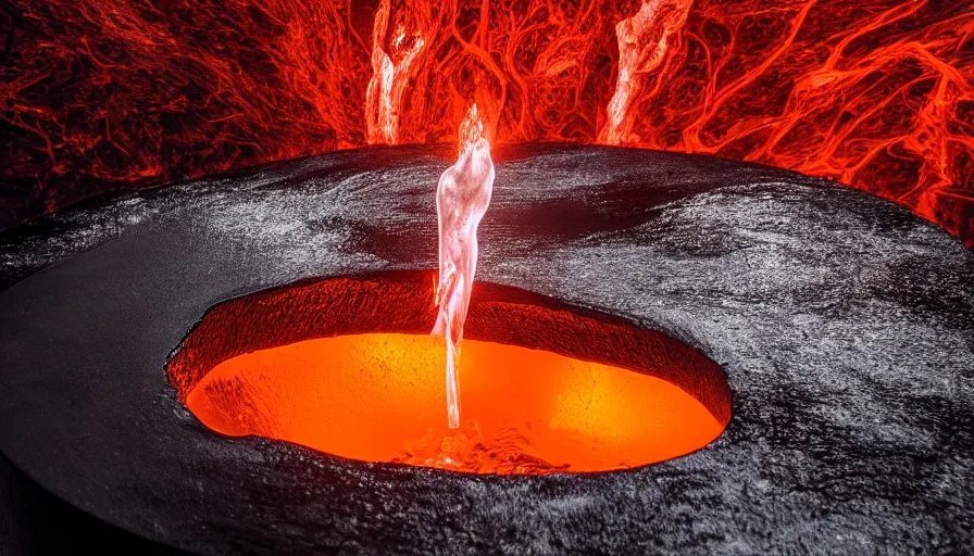 Prompt: lava flowing out of a tap into the sink, cinematic dramatic lighting, warm glow, dimly lit, 3d realistic, HD photography 4k