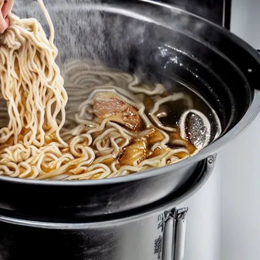 Image similar to highly detailed close up of gordon ramsay cooking ramen in a washing machine