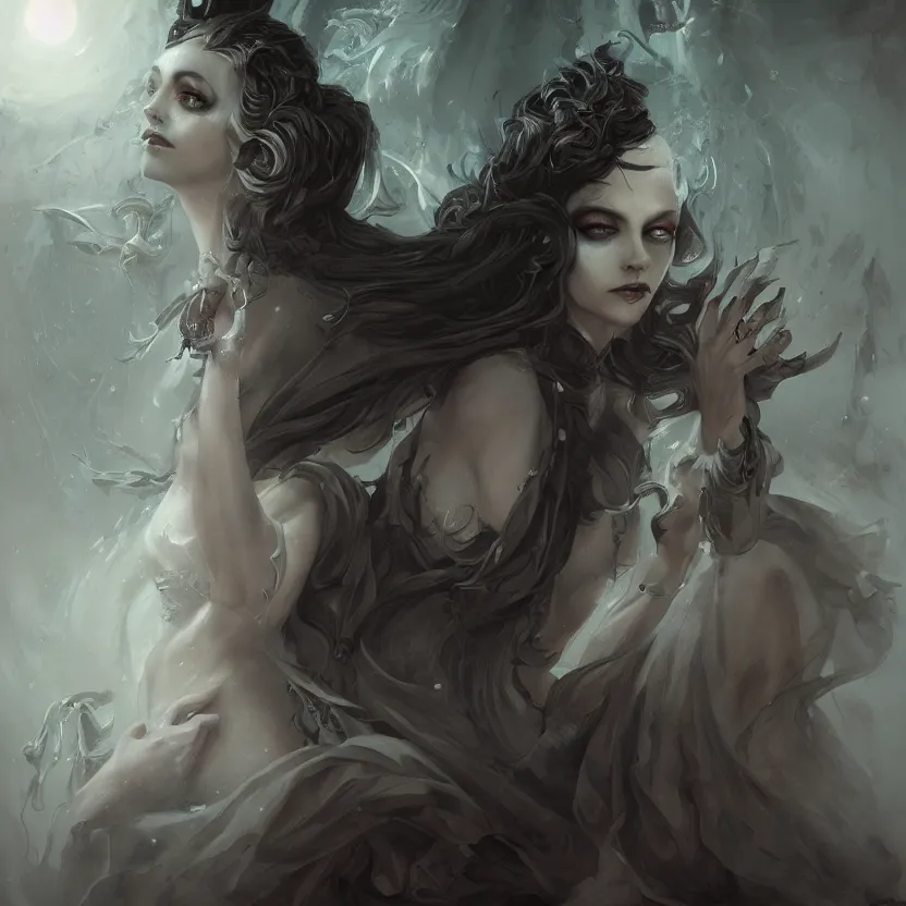 Image similar to portrait of a stunning Gothic goddess of beauty, mystical, dark and mysterious, atmospheric, ominous, eerie, cinematic, Epic, 8k, 4k, ultra detail, ultra realistic, rendered by Peter Mohrbacher, Artstation, fantasy art