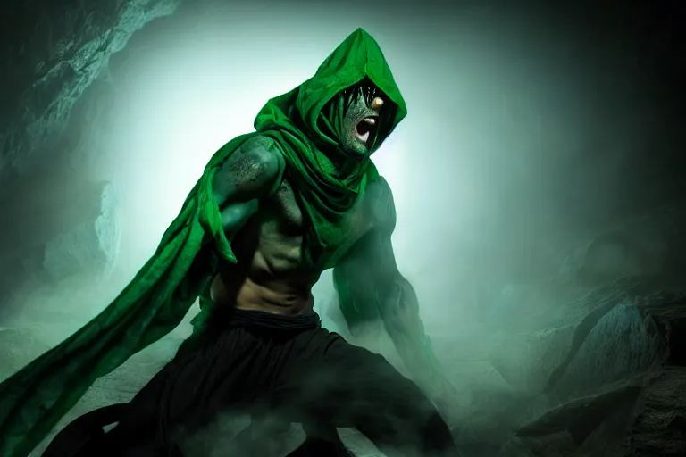 Image similar to vfx film, soul reaver, raziel irl, price of persia movie, missing jaw, hero pose, devouring magic souls, scarf, hood, glowing green soul blade, in epic ancient sacred huge cave temple, flat color profile low - key lighting award winning photography arri alexa cinematography, hyper real photorealistic cinematic beautiful, atmospheric cool colorgrade