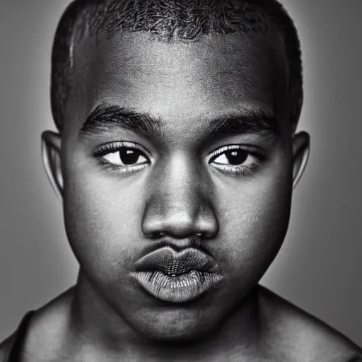 Image similar to the face of young kanye west at 1 4 years old, portrait by julia cameron, chiaroscuro lighting, shallow depth of field, 8 0 mm, f 1. 8