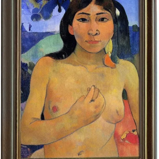 Image similar to very attractive and sensuous central asian woman realistic, full body, natural style by paul gauguin