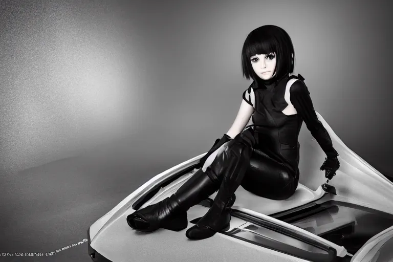 Image similar to Beautiful photograph of Yorha 2B sitting on a concept 1970s wedge car. 8k. Studio lighting.