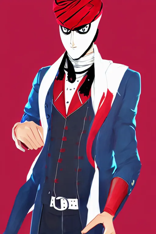 Image similar to A young man wearing a blue turban, beardless, shaven face, middle-eastern, in the style of Persona 5, Persona 5, Persona 5 artwork