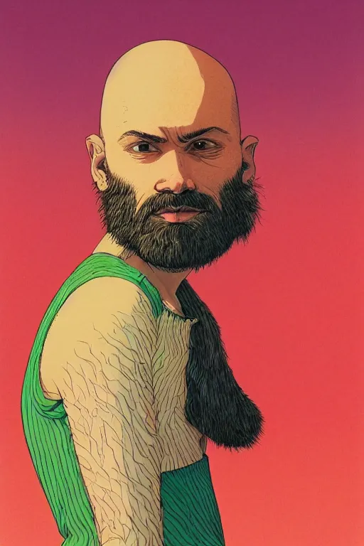 Image similar to a colorful closeup portrait of a young bald man with a very long wild beard dreaming psychedelic hallucinations in the vast icy landscape of antarctica, by kawase hasui, moebius and edward hopper, colorful flat surreal design, hd, 8 k, artstation