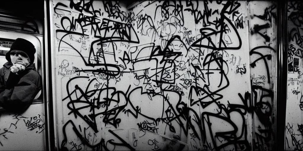 Image similar to subway cabin inside all in graffiti, man in carhartt jacket closeup writing graffiti, night, film photography, exposed b & w photography, christopher morris photography, bruce davidson photography