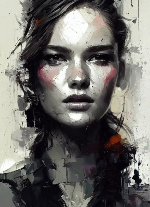 Image similar to outdoor portrait of a beautiful girl, shades of grey, beautiful face, rule of thirds, intricate outfit, spotlight, by greg rutkowski, by jeremy mann, by francoise nielly, digital painting