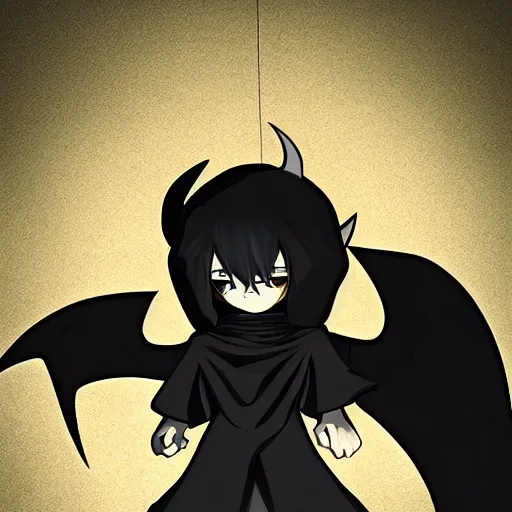 Image similar to mazoku, demon boy, yokai boy wearing vantablack cloak, vantablack cape, muscular boy, demon tail