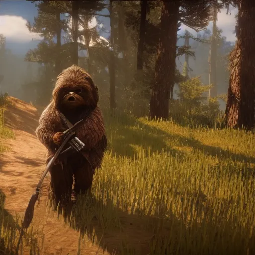 Prompt: Film still of an ewok in Red Dead Redemption 2 (2018 video game)