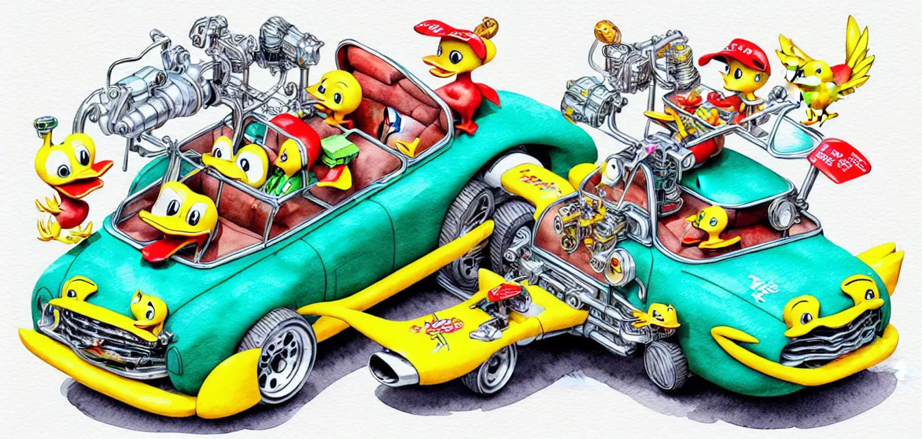 Image similar to cute and funny, duck riding in a tiny hot rod with oversized engine, ratfink style by ed roth, centered award winning watercolor pen illustration, isometric illustration by chihiro iwasaki, edited by range murata, tiny details by artgerm and watercolor girl, symmetrically isometrically centered