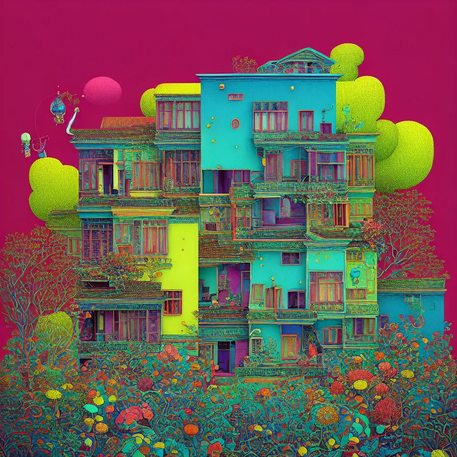 Image similar to surreal glimpse into other universe, peranakan house, summer morning, very coherent and colorful high contrast, art by!!!! gediminas pranckevicius!!!!, geof darrow, floralpunk screen printing woodblock, dark shadows, hard lighting, stipple brush technique,