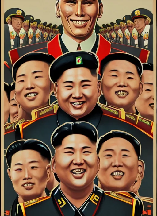 Image similar to propaganda poster smiling jerma as dictator of north korea with soldiers saluting, 8 k, trending on artstation