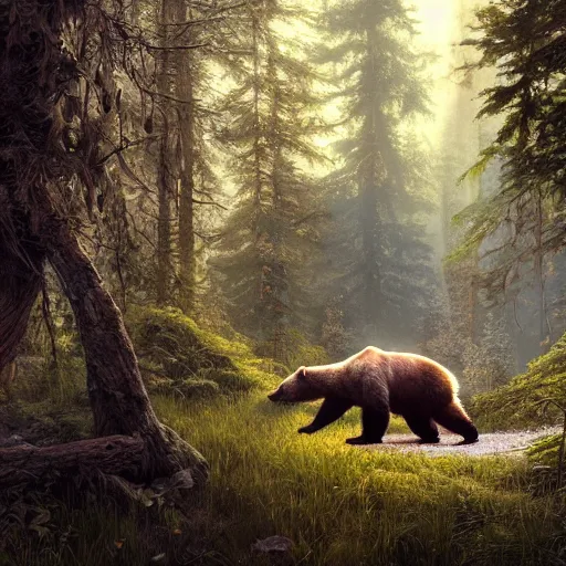 Image similar to wild bear in the forest, realistic, tone mapping, akihiko yoshida, james jean, andrei riabovitchev, marc simonetti, digital illustration, greg rutowski, high key lighting, volumetric lighting, digital art, highly detailed, intricate, ornate, complex, octane render