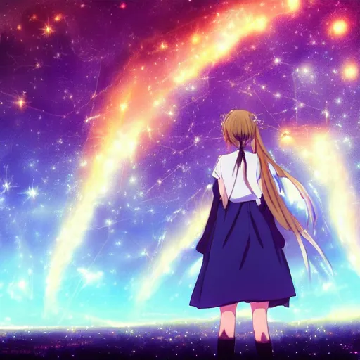 Image similar to key anime visual of a girl looking at a sky full of stars, detailed digital painting, sharp official media, extreme wide shot cold backlit beautiful lighting, stunning vfx