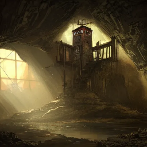 Image similar to an abandoned old,rusty, clock tower in a dark enormous cave, painting, illustration, Concept art, art station , 4k, perfectly balanced light, digital art, unreal