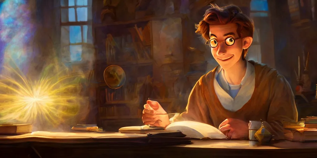 Prompt: a young caucasian male mage they are in a alchemy workshop working at there desk. colorful, light rays, medium shot, waist up, sharp, bloom, dramatic lighting, very detailed, by pixar, dreamworks and marvel