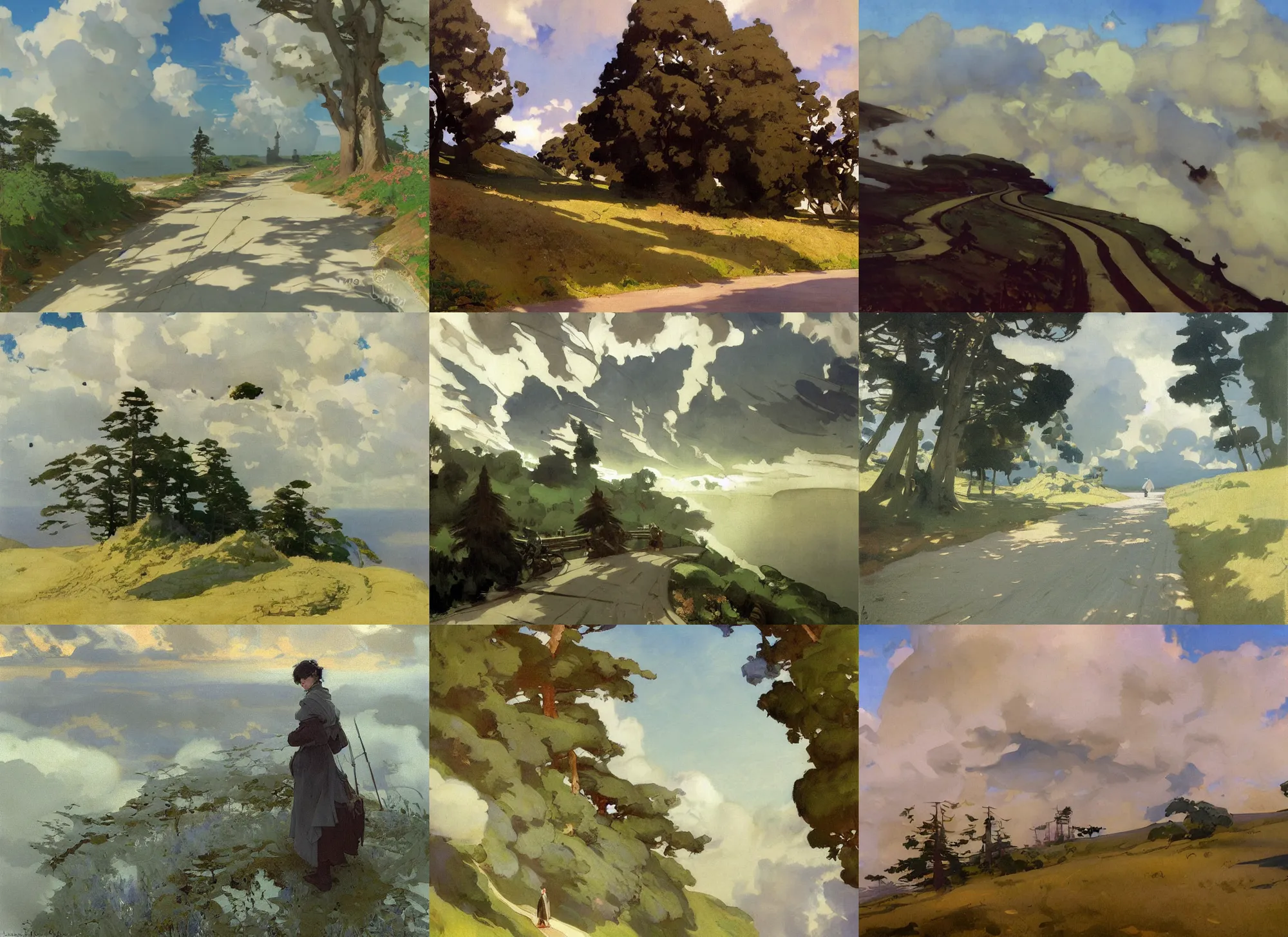 Prompt: painting by sargent leyendecker and gurney, vasnetsov, savrasov levitan polenov, studio ghibli, middle ages, fantasy, fairy tales atmosphere, above the layered low clouds travel path road to sea bay trees and rivers photo of praire overcast sharpen details