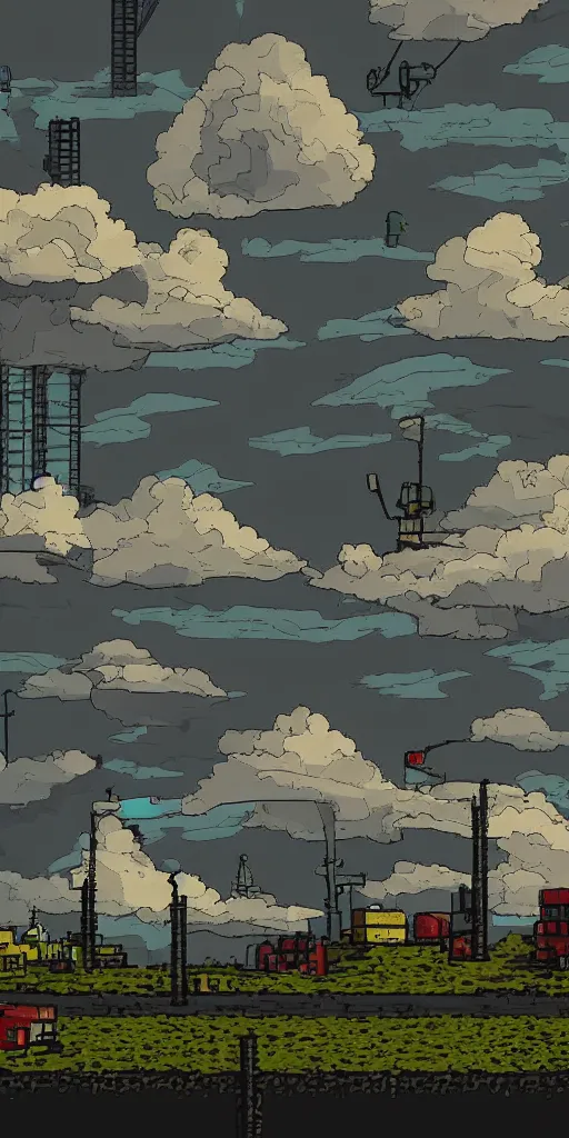 Prompt: 2D post-industrial landscape with distorted clouds, 8 bits graphics, flat, SNES game, crushed quality, low contrast, low light, color gradient, low saturation, heavy color compression filter, corrupted data