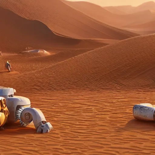 Image similar to painting of sand landscape with ancient robots buried in the desert, oasis, 4 k. cinematic. epic. octane render.