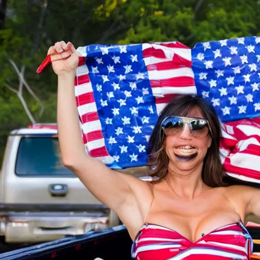 Image similar to photo of woman in the back of a pickup truck wearing bikinis drinking beer waving the american flag.