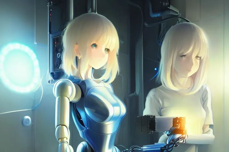 Image similar to datacenter room connects cables young robot server android baroque oil painting finely detailed perfect face flowing long fiberoptics blonde hair robot eyes blue. anime shinkai takeuchi key visual of character concept art metal female robot body suit pixiv fanbox, painted by greg rutkowski