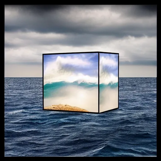 Image similar to a cube in the middle of the sea with images of a sea squall on its sides. framed. vignette. in the style of Richard Serra