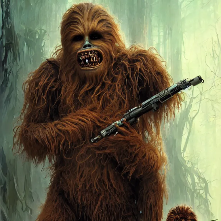 Image similar to scary horrific zombie chewbacca and wookies on the planet kashyyyk, dark star wars fantasy, body horror, sores and scars, undead. highly detailed, biopunk, digital painting, by greg rutkowski, artgerm and alphonse mucha