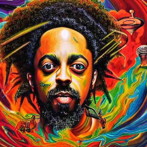 Prompt: a high hyper detailed painting with many complex textures of a damian marley like man making music in the cosmos, cosmic surrealpsychedelic magic realism spiritual ufo art