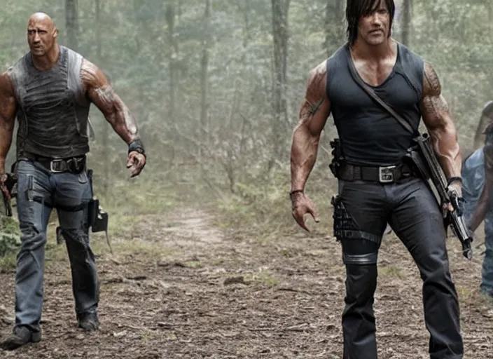 Image similar to film still of dwayne the rock johnson as daryl dixon in the new walking dead tv series, 4 k