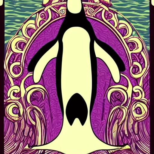 Image similar to powerful penguin in the style of art nouveau. lively. colorful. hd.