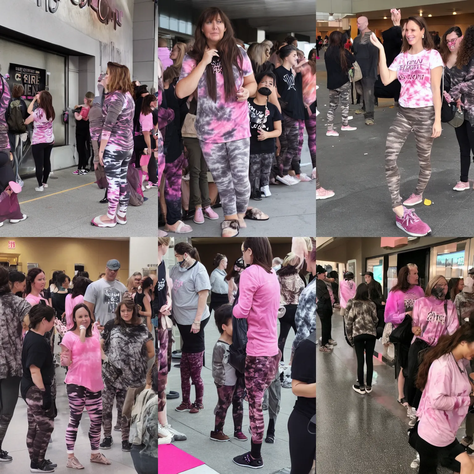 Prompt: a woman with brown hair wearing dark grey camo leggings, a pink and white tie dye shirt, and slippers in line at the theaters