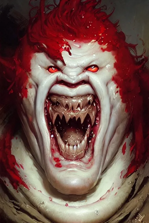 Image similar to red haired white slime blobfish with an evil grin extremely detailed portrait dnd, painting by gaston bussiere, craig mullins, greg rutkowski, yoji shinkawa