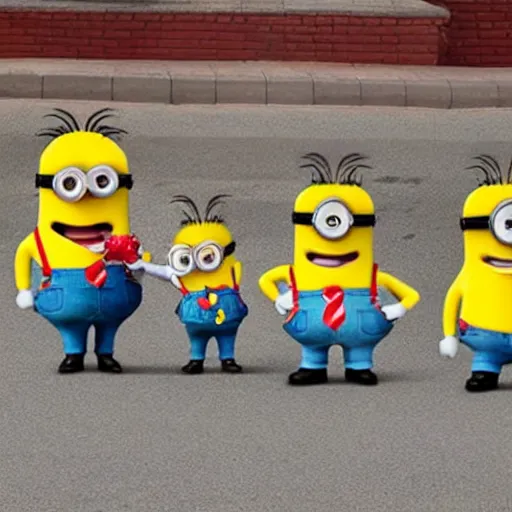 Image similar to mcdonald happy meal mascot and minions in a gunfight