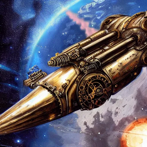 Image similar to steampunk spaceship, space war, battle, hyper realistic, artistic
