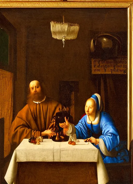 Image similar to a candlelit table at the inn, two people sitting at the table, swirling smoke, dark smoke, realistic, in the style of leonardo da vinci, dutch golden age, amsterdam, medieval painting by jan van eyck, johannes vermeer, florence